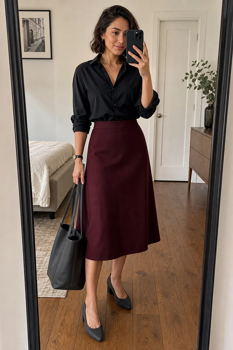 Woman wearing a black collared blouse with a burgundy A-line midi skirt, charcoal block-heel pumps, a charcoal leather tote, and a wristwatch.