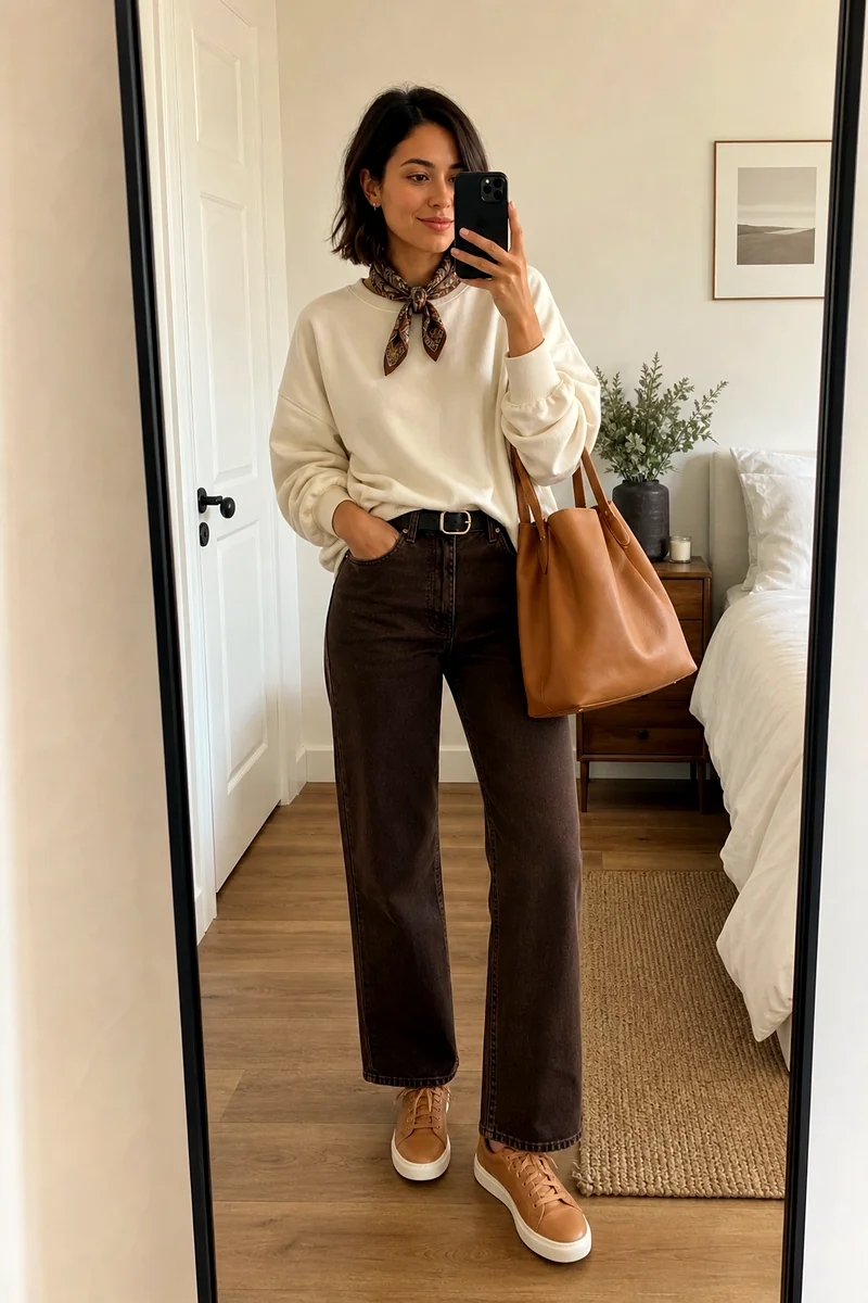 Cream oversized sweatshirt, chocolate brown jeans, tan leather sneakers, tan tote, black belt, and scarf.