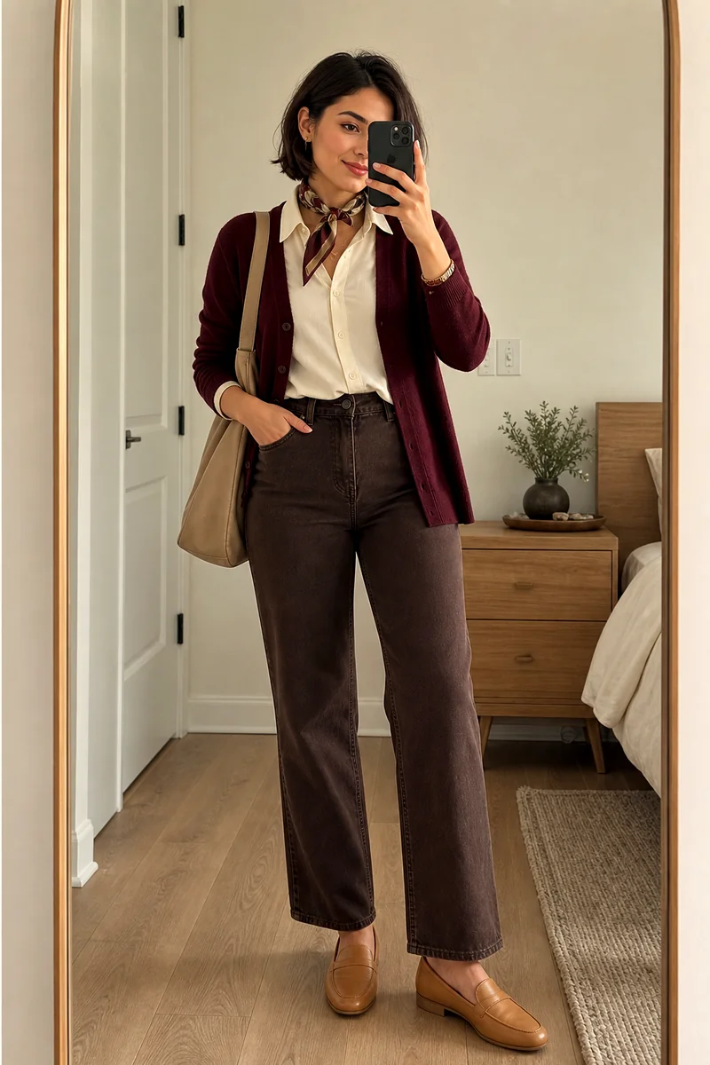 Cream shirt, chocolate brown jeans, burgundy cardigan, tan loafers, beige hobo bag, and silk scarf.