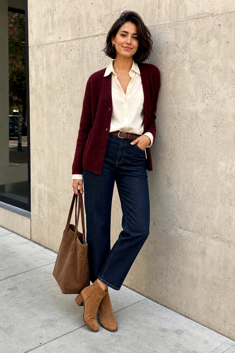 Cream poplin shirt, dark cropped jeans, burgundy cardigan, tan suede boots, brown tote, belt, and hoops.