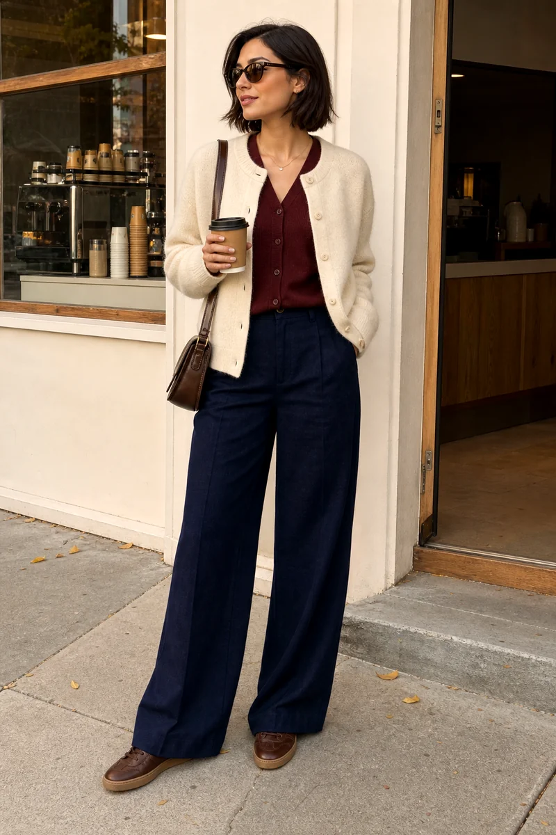 Cream and burgundy layered cardigans with dark indigo wide-leg trousers, brown sneakers, a crossbody bag, and sunglasses.