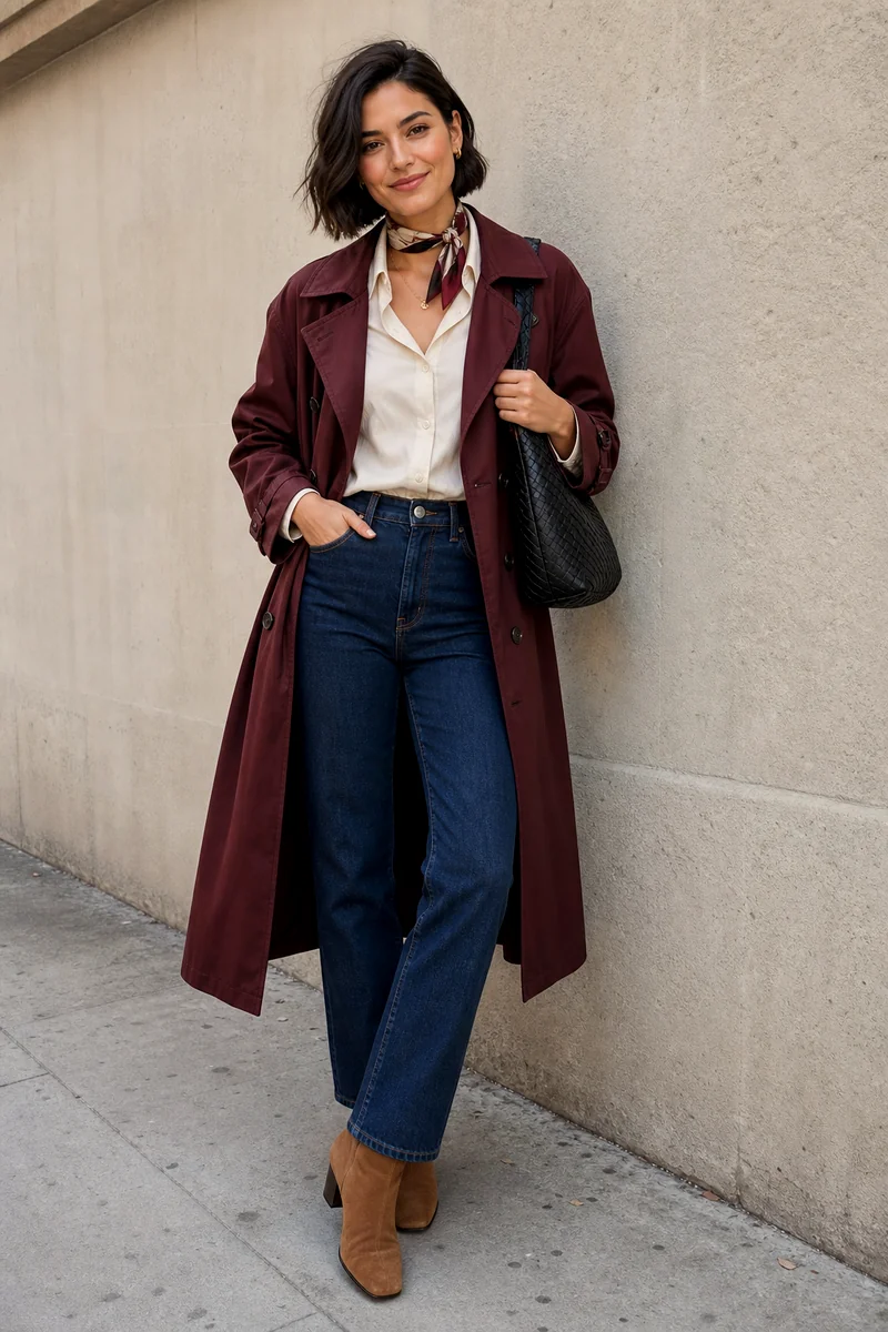 Cream poplin shirt, dark jeans, burgundy trench coat, tan suede boots, black shoulder bag, and scarf.