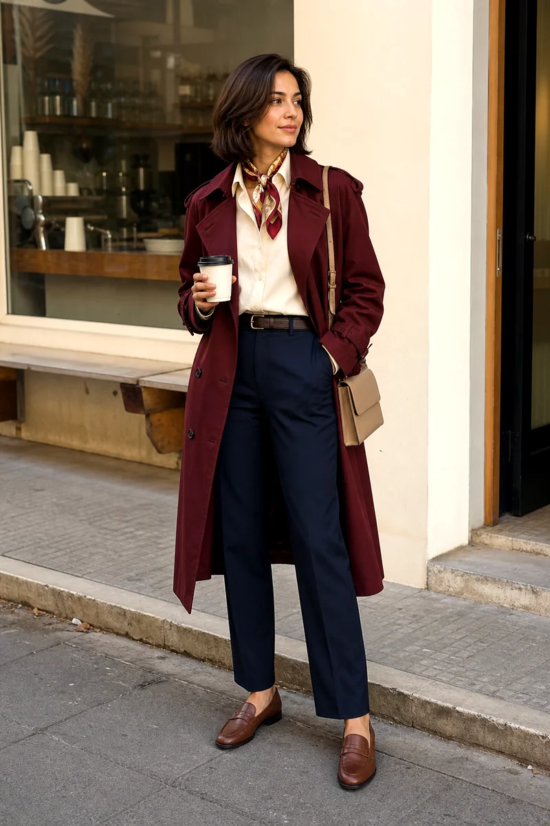 Cream blouse, dark indigo trousers, burgundy trench coat, brown loafers, beige crossbody bag, and scarf.