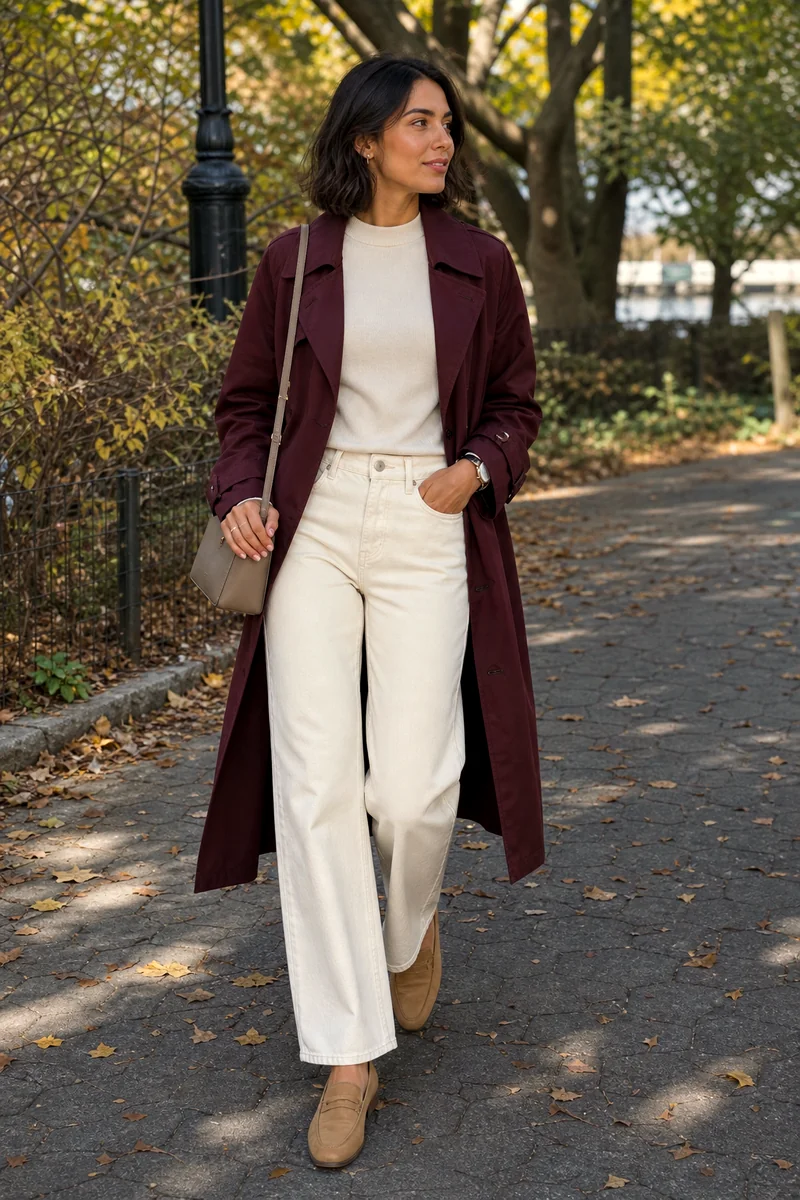 Cream mock-neck sweater, ecru wide-leg jeans, burgundy trench, tan loafers, taupe crossbody, and watch.