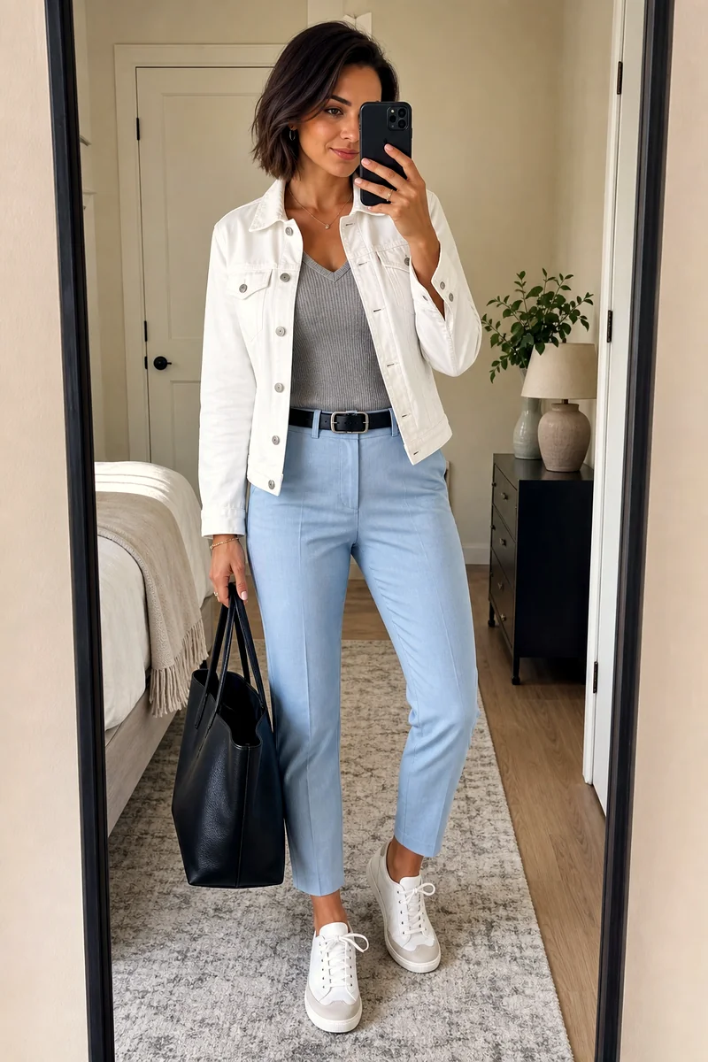 Woman wearing a grey ribbed T-shirt, light blue ankle trousers, white cropped jacket, taupe sneakers, and black leather tote.