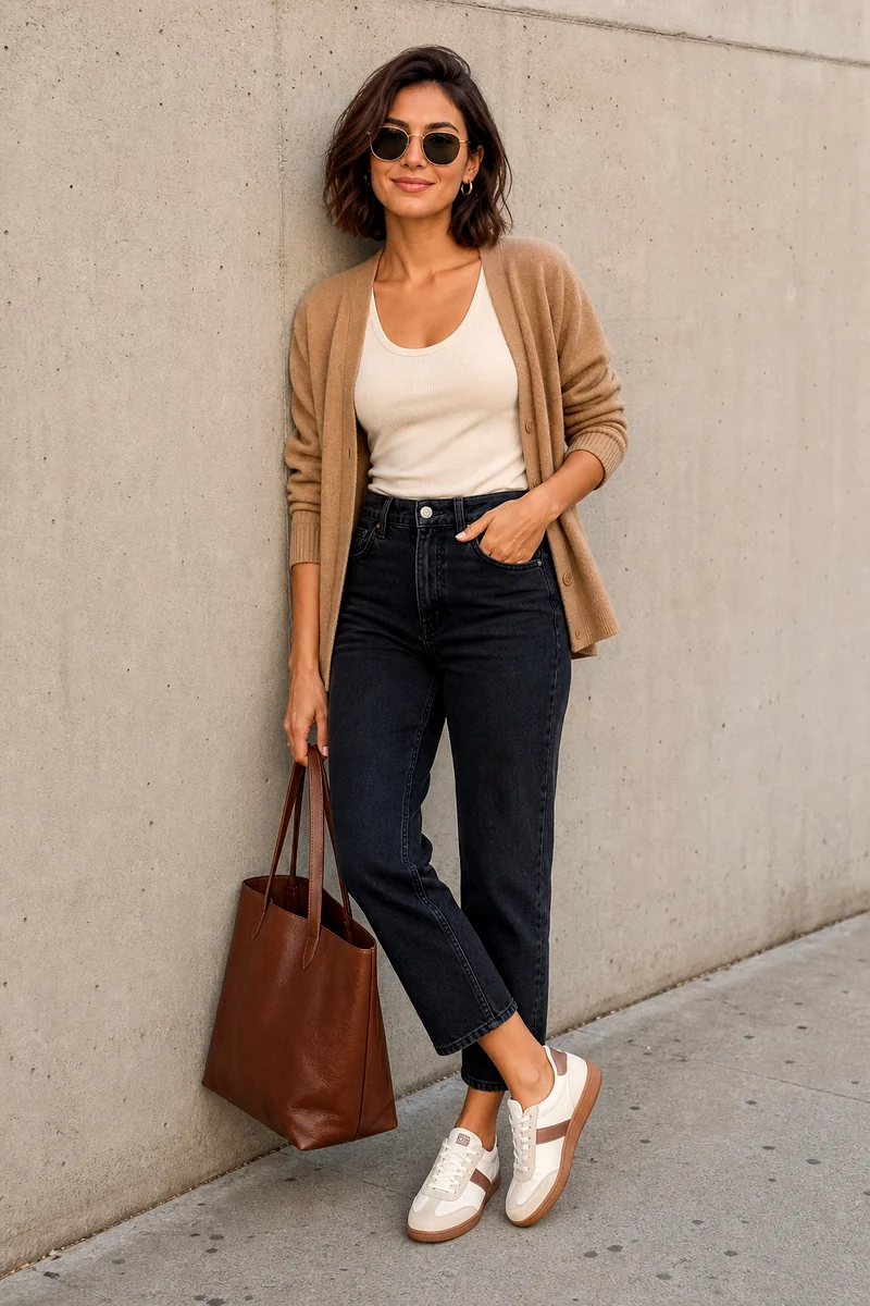 Woman wearing a cream ribbed T-shirt, camel cardigan, black cropped jeans, brown sneakers, and a brown leather tote.