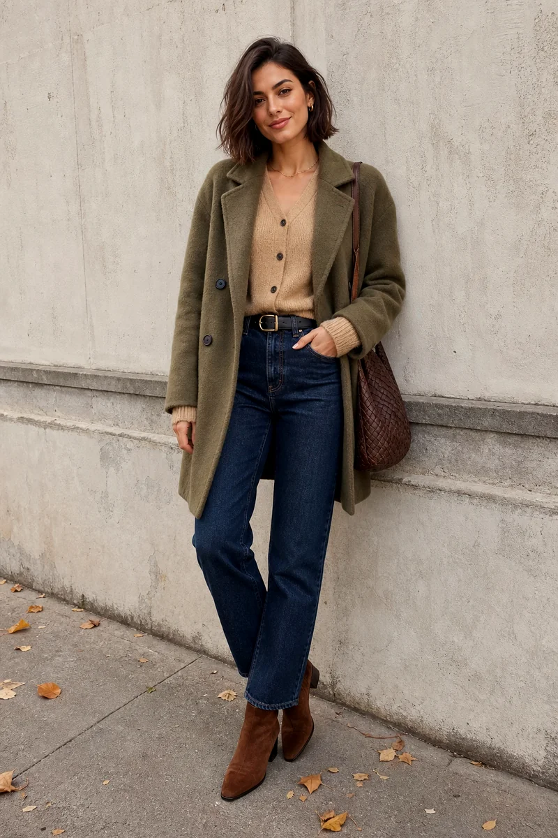 Camel cropped cardigan, dark jeans, olive wool coat, brown suede boots, woven shoulder bag, and black belt.