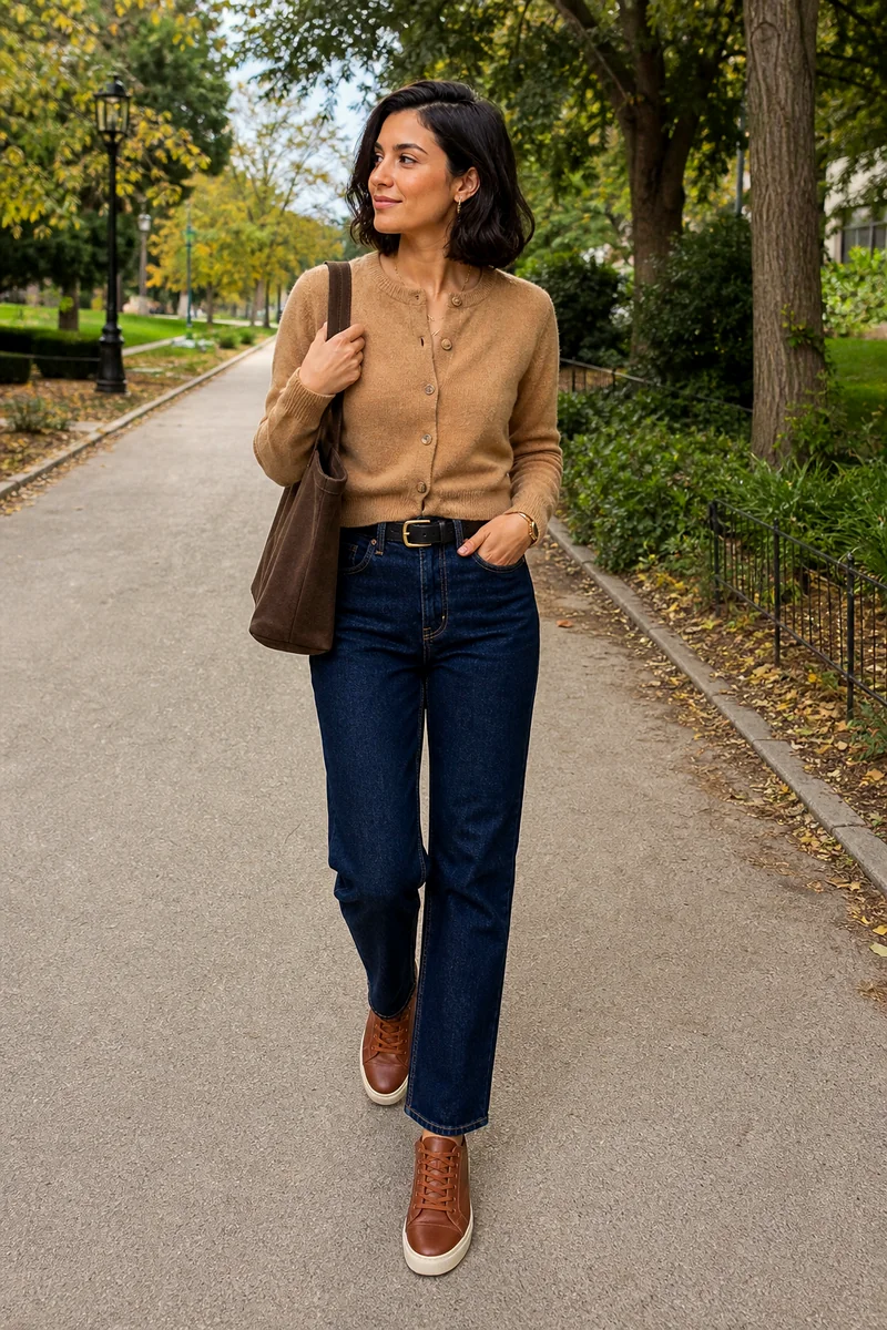 Camel cropped cardigan, dark indigo jeans, brown leather sneakers, brown canvas tote, and black belt.