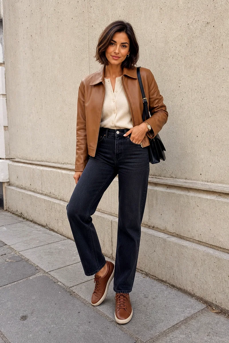 Woman wearing a cream cardigan, camel leather jacket, black straight jeans, brown sneakers, and black shoulder bag.