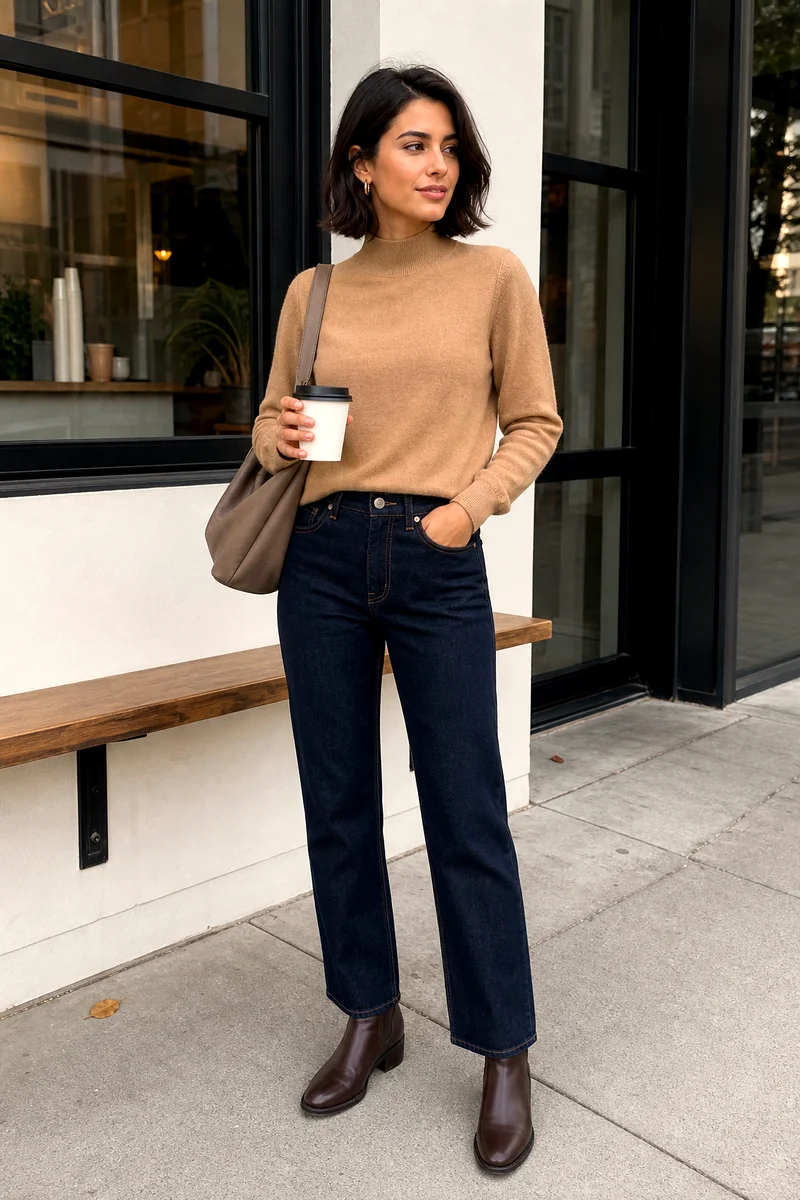 Camel mock-neck sweater with dark indigo straight-leg jeans, brown Chelsea boots, taupe hobo bag, and gold hoops.