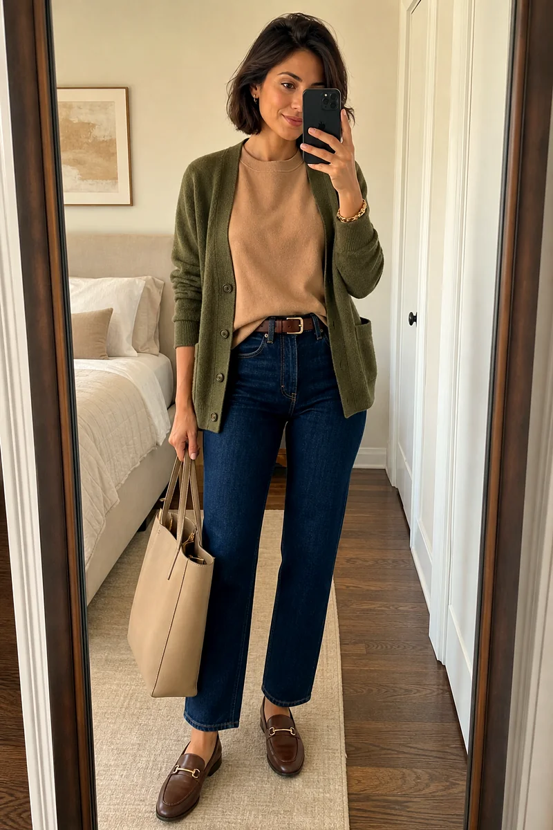 Camel sweatshirt, dark indigo jeans, olive cardigan, brown loafers, beige structured tote, and belt.