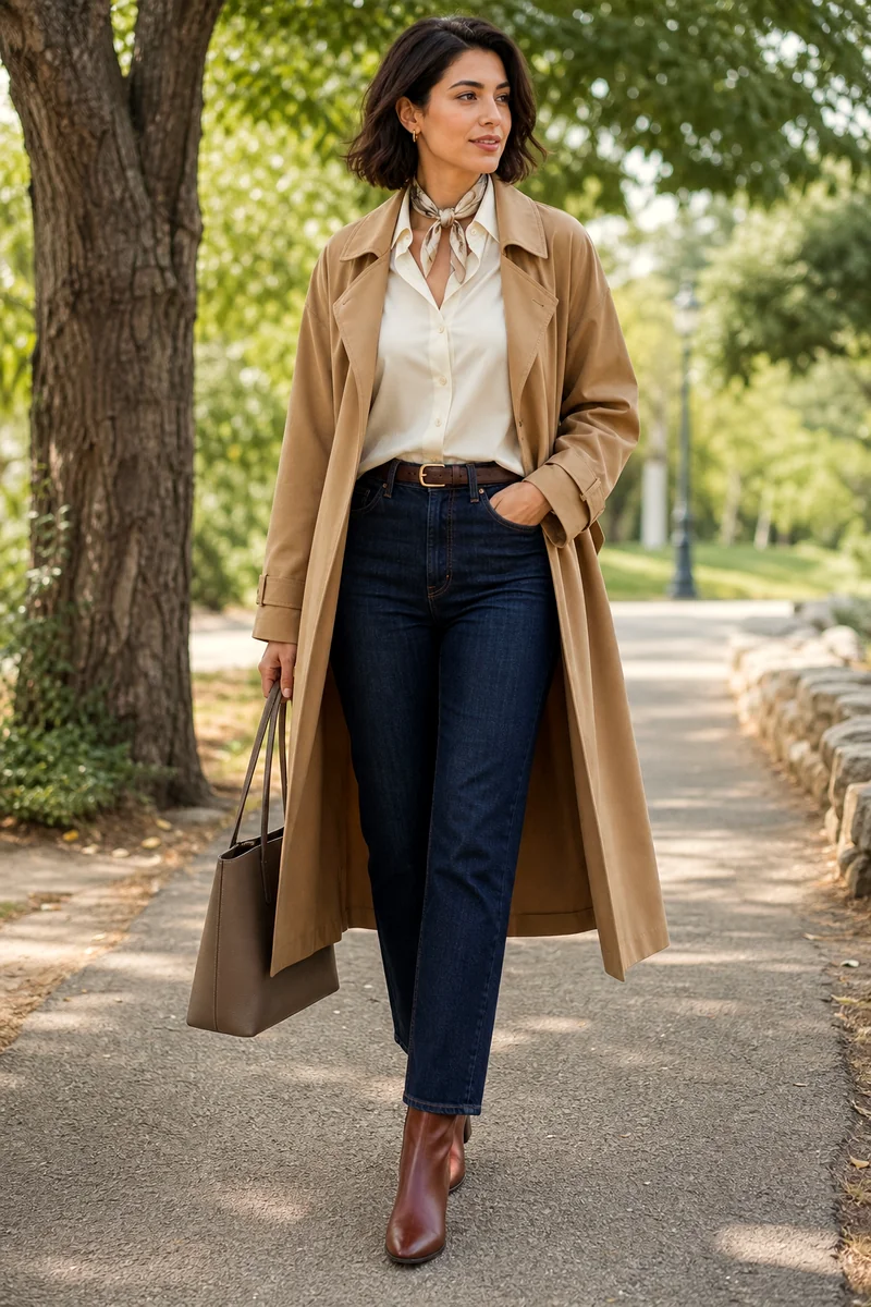 Woman wearing a cream button-down shirt, dark straight-leg jeans, camel trench coat, brown ankle boots, and taupe tote.