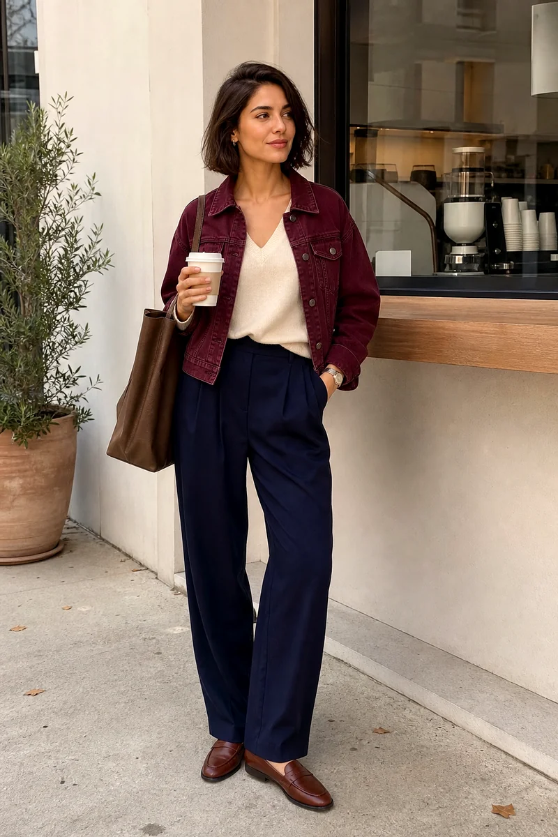 Cream sweater, burgundy cropped denim jacket, dark pleated trousers, brown loafers, and a canvas tote styled for fall.