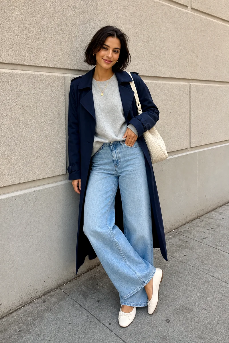 Grey oversized sweatshirt, light blue wide-leg jeans, navy trench coat, white ballet flats, woven shoulder bag, and gold necklace.