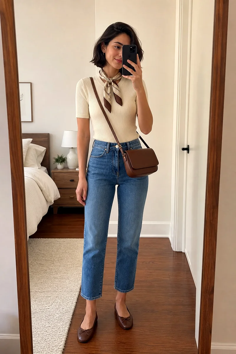 Cream ribbed knit top with cropped blue jeans, brown ballet flats, a matching crossbody bag, and a silk neck scarf.