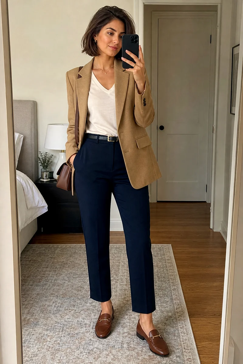 Woman wearing a cream V-neck top, dark cigarette trousers, camel blazer, brown loafers, and a small shoulder bag for fall office style.