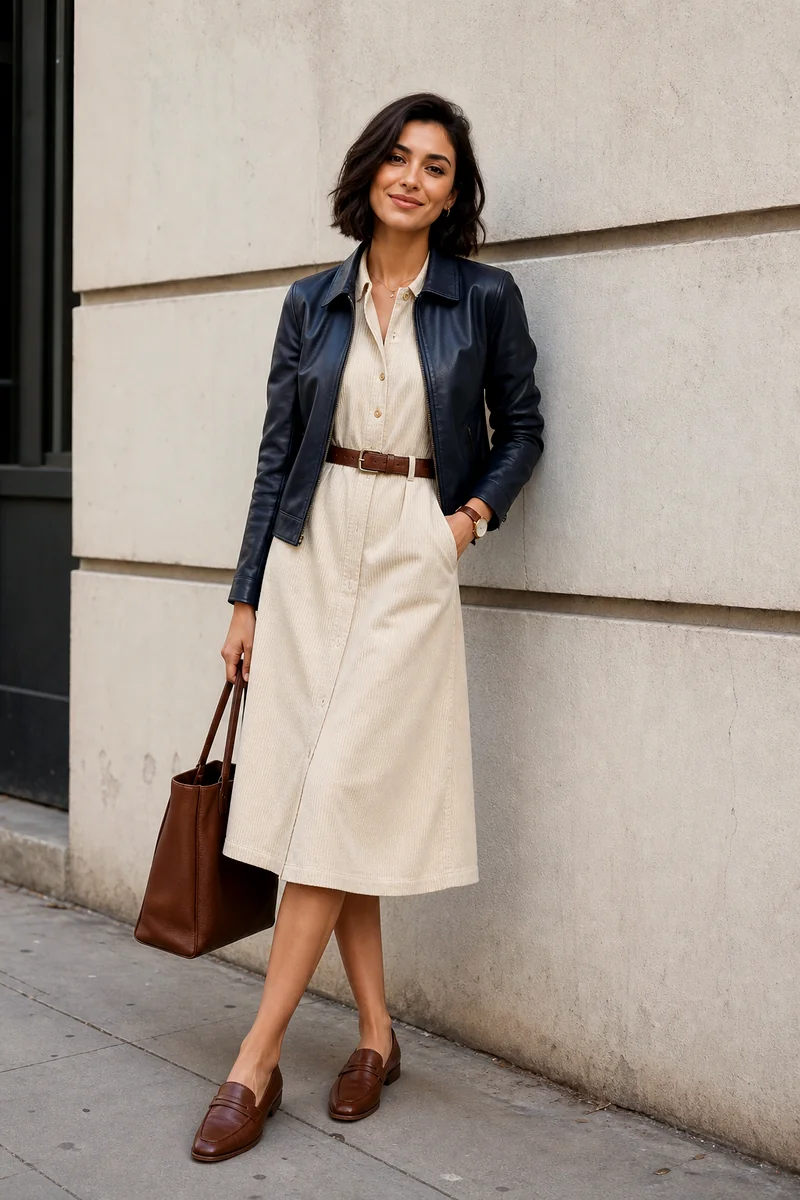 Woman wearing a cream corduroy midi dress, indigo leather jacket, brown loafers, brown tote, and belt.