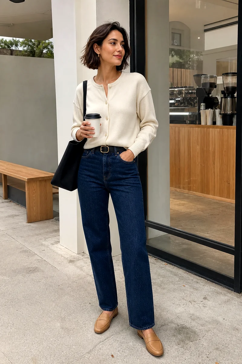 Cream button-front cardigan, dark indigo jeans, tan loafers, black canvas tote, and black leather belt.