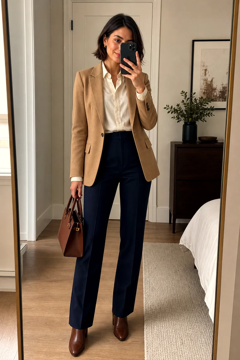 Woman wearing a cream button-down shirt, camel blazer, dark straight-leg trousers, brown ankle boots, and structured handbag.