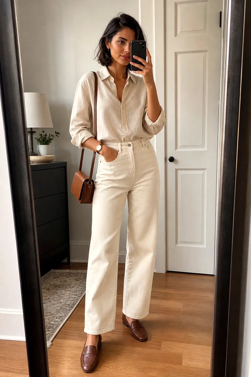 Woman wearing a cream button-down shirt, ecru wide-leg jeans, brown loafers, and a brown crossbody bag.