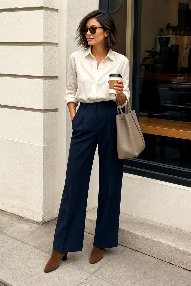 Woman wearing a cream button-down shirt, dark indigo wide-leg trousers, brown suede boots, taupe tote, and sunglasses.