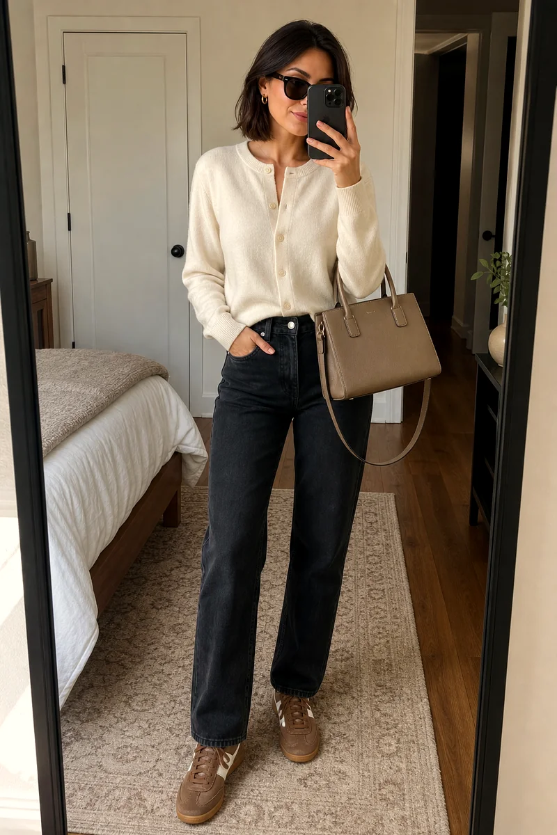 Cream button-front cardigan with washed black straight-leg jeans, brown sneakers, a taupe handbag, gold hoops, and sunglasses.