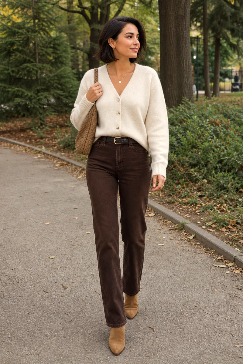 Cream V-neck cardigan, chocolate brown jeans, tan suede boots, taupe shoulder bag, belt, and necklace.