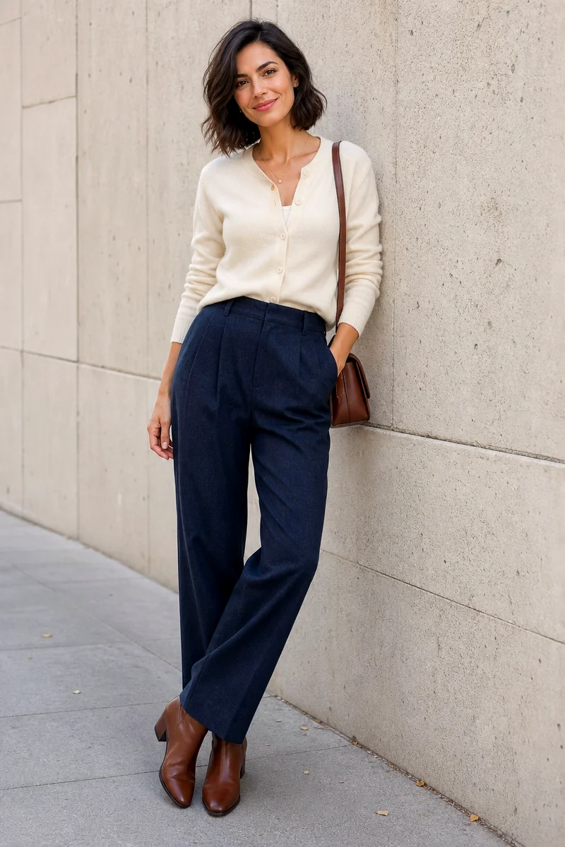 Woman wearing a cream cardigan, dark indigo pleated trousers, brown ankle boots, brown crossbody bag, and gold necklace.