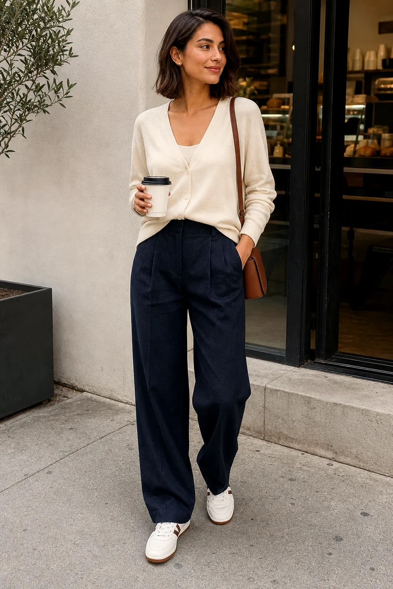 Woman wearing a cream V-neck cardigan, dark indigo pleated trousers, white sneakers with brown accents, a brown crossbody bag, and stud earrings.