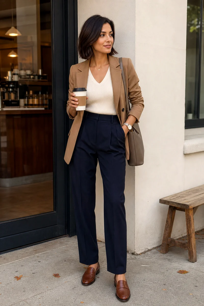 Woman wearing a cream knit top, camel blazer, dark pleated trousers, brown loafers, taupe shoulder bag, and gold necklace.