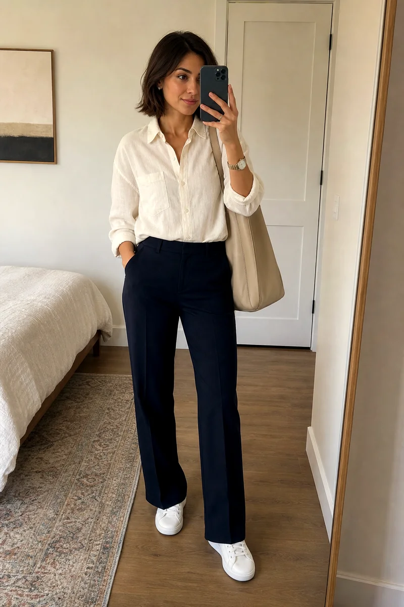 Cream linen shirt, dark indigo tailored trousers, white sneakers, beige leather tote, and wristwatch styled for fall.