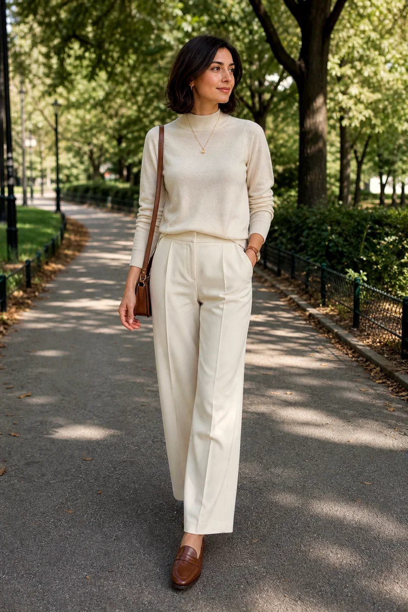 Woman wearing a cream mock-neck sweater, ecru wide-leg trousers, brown loafers, brown shoulder bag, necklace, and watch.