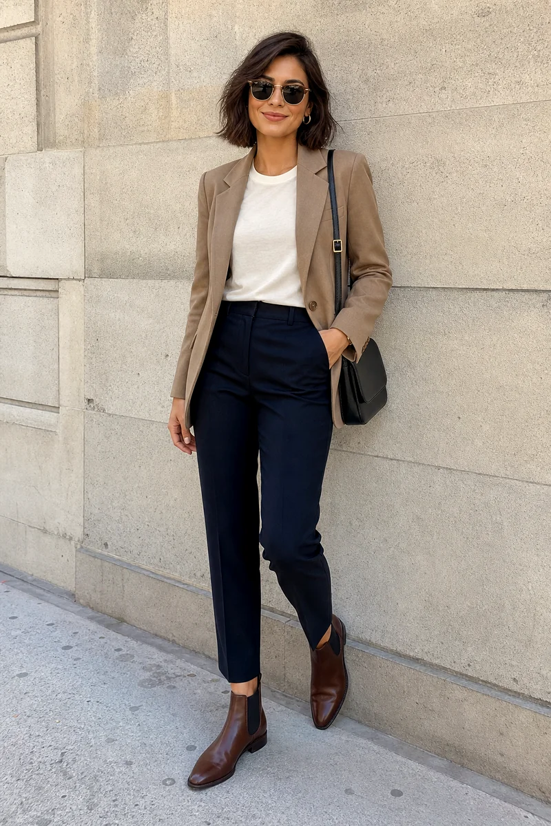 Woman wearing a cream T-shirt, neutral blazer, dark indigo cigarette trousers, brown Chelsea boots, black shoulder bag, and sunglasses.