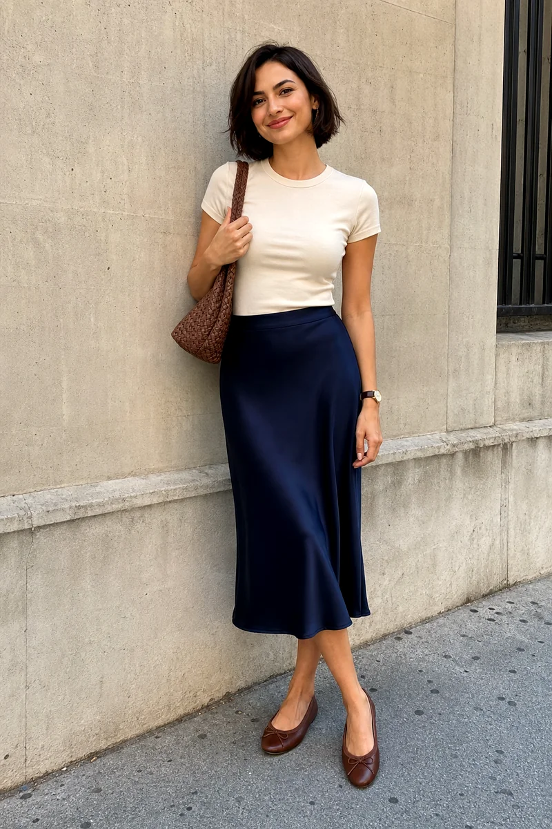 Cream T-shirt with dark indigo satin midi skirt, brown ballet flats, woven shoulder bag, and wristwatch.