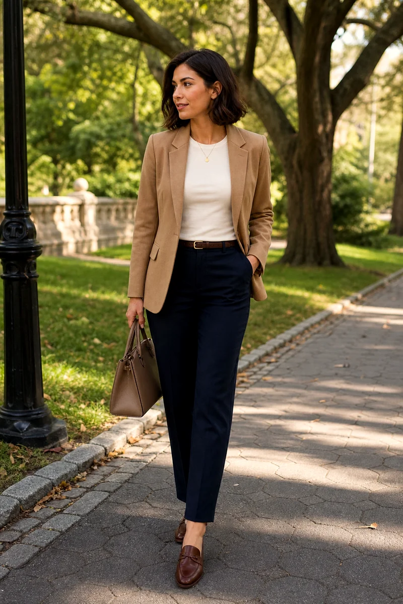 Woman wearing a cream top, camel blazer, dark indigo trousers, brown loafers, taupe structured handbag, and gold necklace.