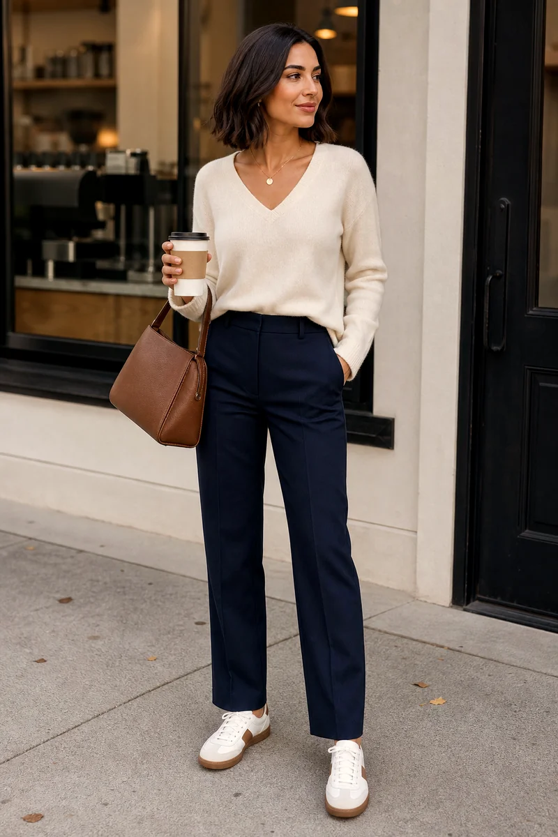Woman wearing a cream V-neck sweater, dark indigo tailored trousers, brown sneakers, and a structured brown handbag.