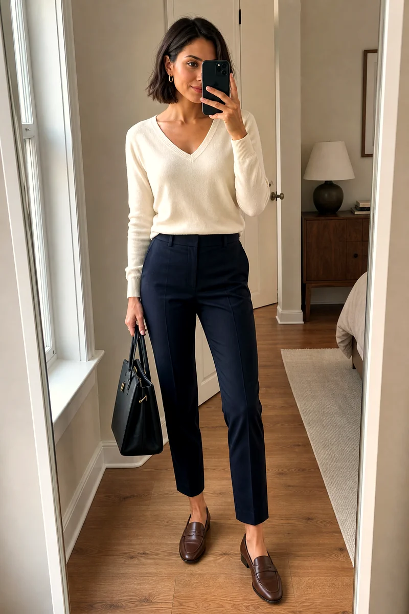 Woman wearing a cream V-neck sweater, dark indigo cigarette trousers, brown loafers, black structured handbag, and gold hoops.