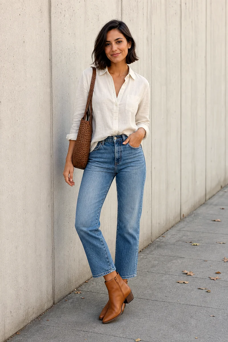 Cream linen button-down, medium-wash cropped jeans, tan ankle boots, brown woven shoulder bag, and studs.