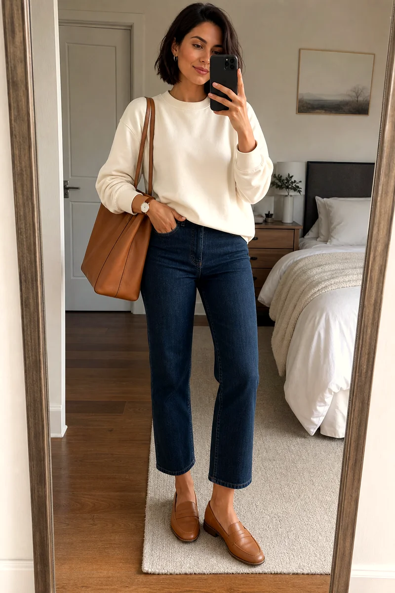 Cream sweatshirt with dark indigo cropped jeans, tan loafers, tan leather tote, and wristwatch.
