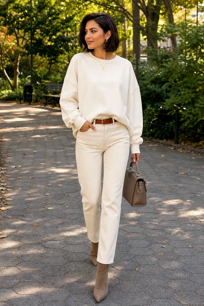 Ivory oversized sweatshirt, ecru slim straight jeans, taupe suede boots, structured handbag, and brown belt.