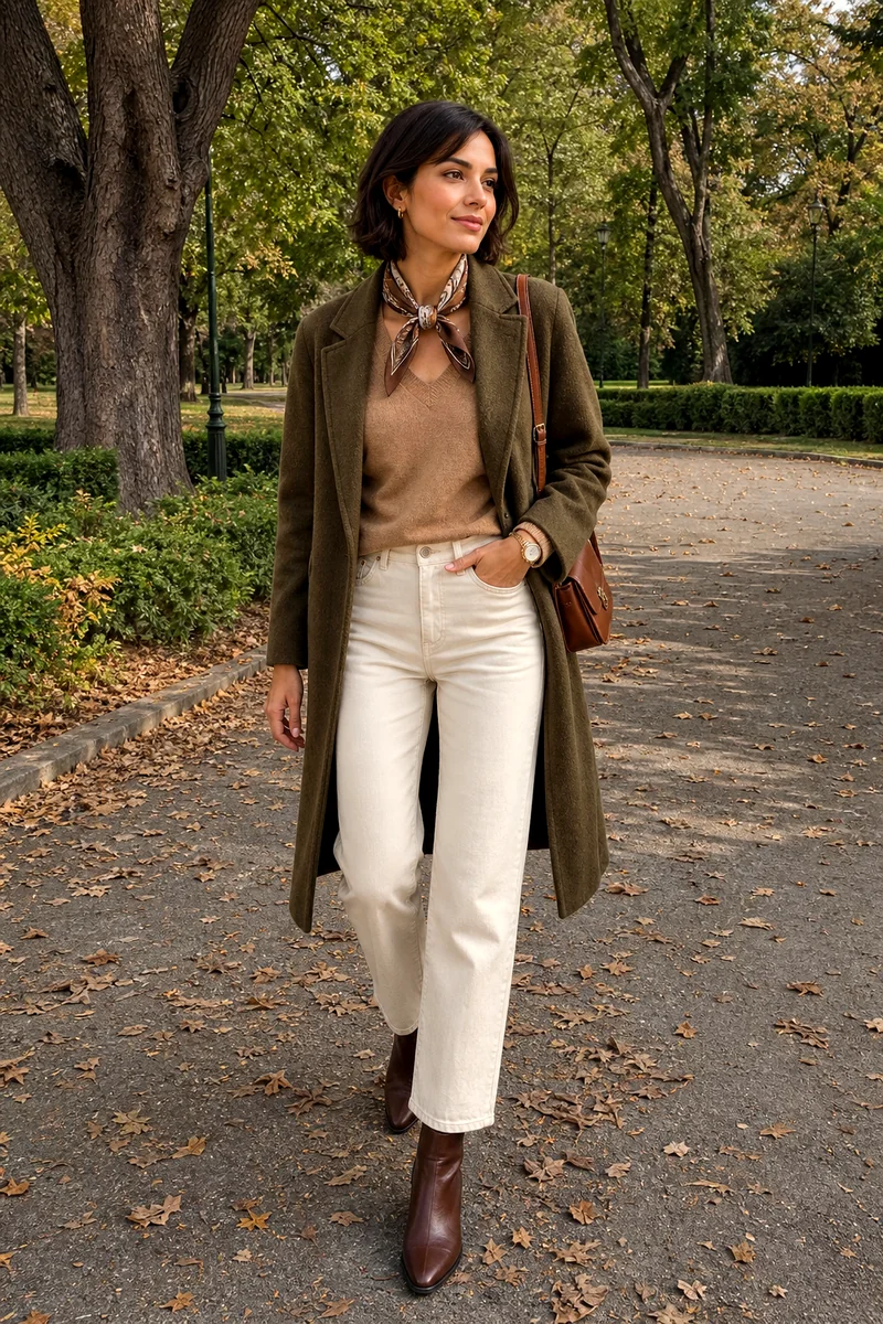 Camel V-neck sweater, ecru jeans, olive green coat, brown ankle boots, shoulder bag, scarf, and watch.