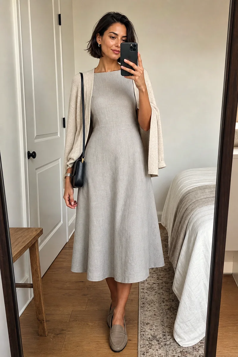 Woman wearing a grey A-line midi dress, taupe loafers, black shoulder bag, sunglasses, and a wristwatch.