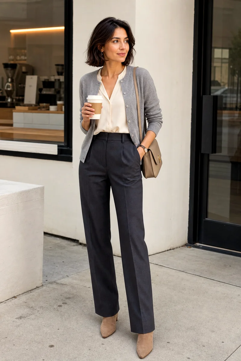 Woman wearing a grey cardigan, cream blouse, charcoal trousers, taupe ankle boots, and beige structured shoulder bag.