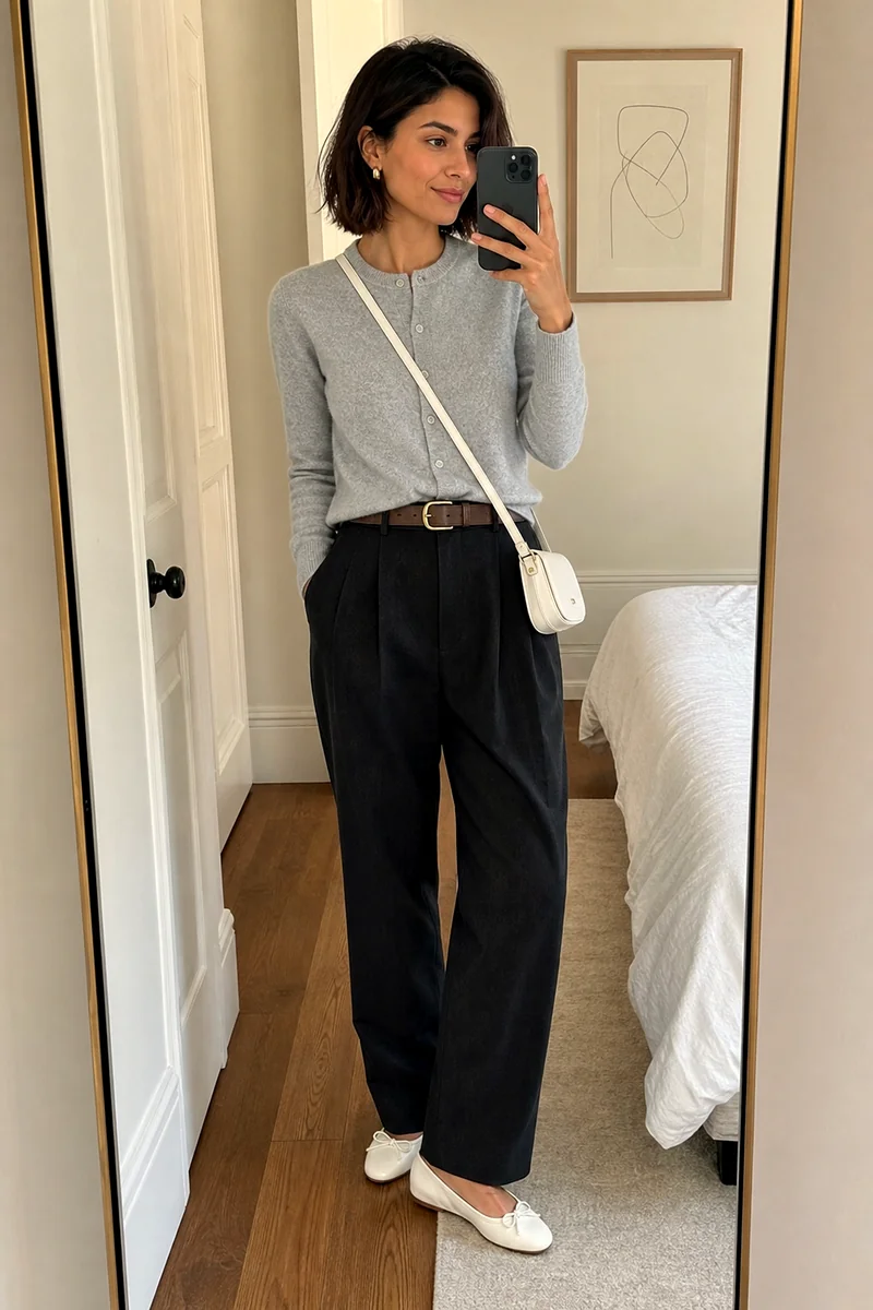 Grey buttoned cardigan, washed black pleated trousers, white ballet flats, white crossbody bag, and brown belt.