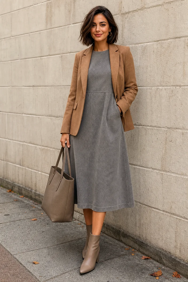 Woman wearing a grey corduroy midi dress, camel blazer, taupe ankle boots, structured tote, and gold hoop earrings.