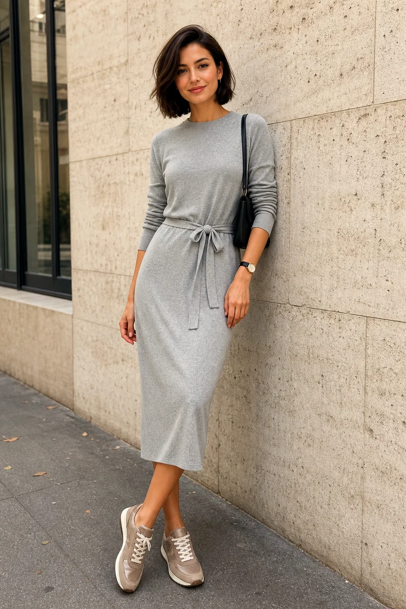 Woman wearing a soft grey belted knit midi dress, taupe sneakers, black shoulder bag, and wristwatch.