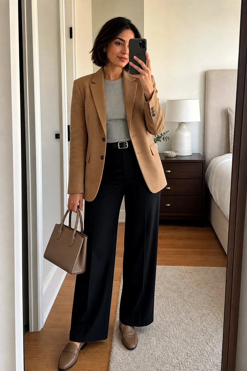 Woman wearing a grey ribbed top, black wide-leg trousers, camel blazer, taupe loafers, and structured handbag.
