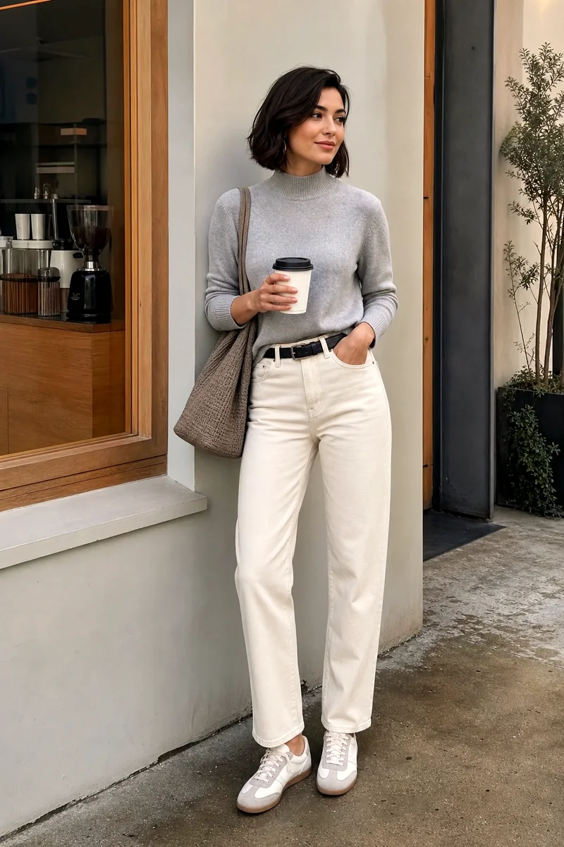 Woman wearing a grey mock-neck sweater, ecru straight jeans, taupe sneakers, woven shoulder bag, and black belt.