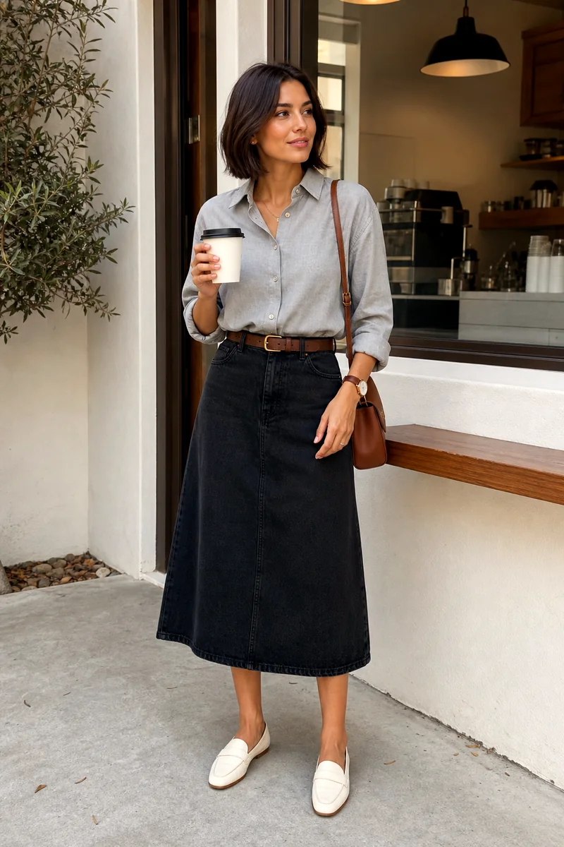 Soft grey shirt, washed black A-line midi skirt, white loafers, brown crossbody bag, belt, and wristwatch.