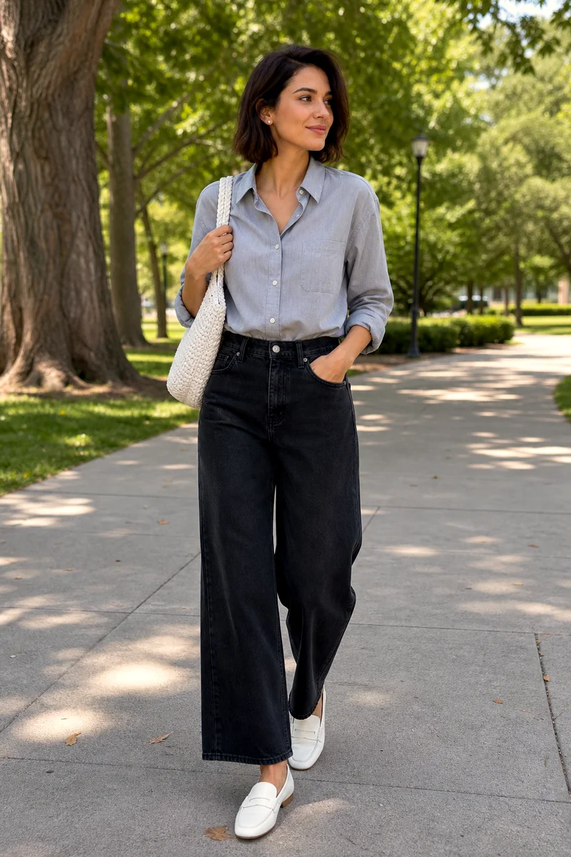 Grey poplin shirt with washed black wide-leg trousers, white flat loafers, a white woven shoulder bag, and stud earrings.